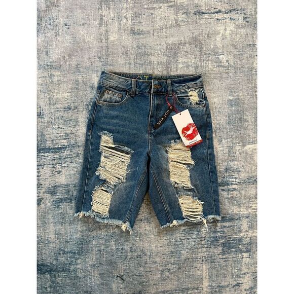 NWT! Hot Kiss Distressed Denim Highest Rise Bermuda Shorts Size 1 - Picture 1 of 7